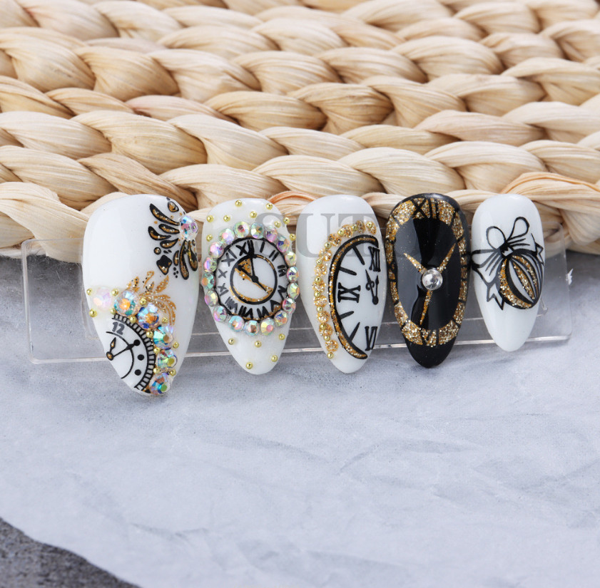 Glitter 3D Gold Black 2023 New Year Clock Time Cat French Nail Art Stickers NH21