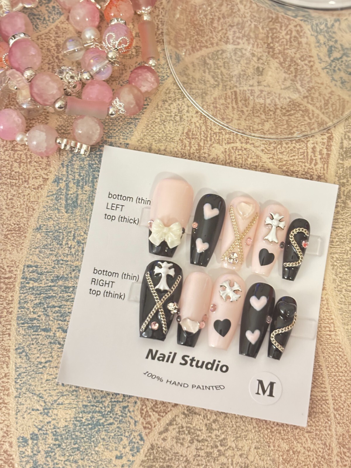 Chrome Hearts-Inspired Press-On Nails – Black & Pink Long Coffin with Chains