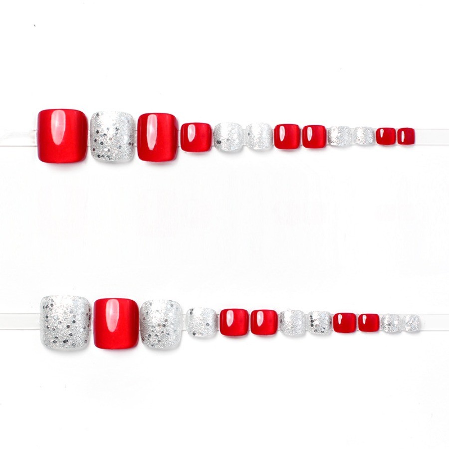 48Pcs-Glossy Red Silver Glitter Square Toe Press on Nails Set