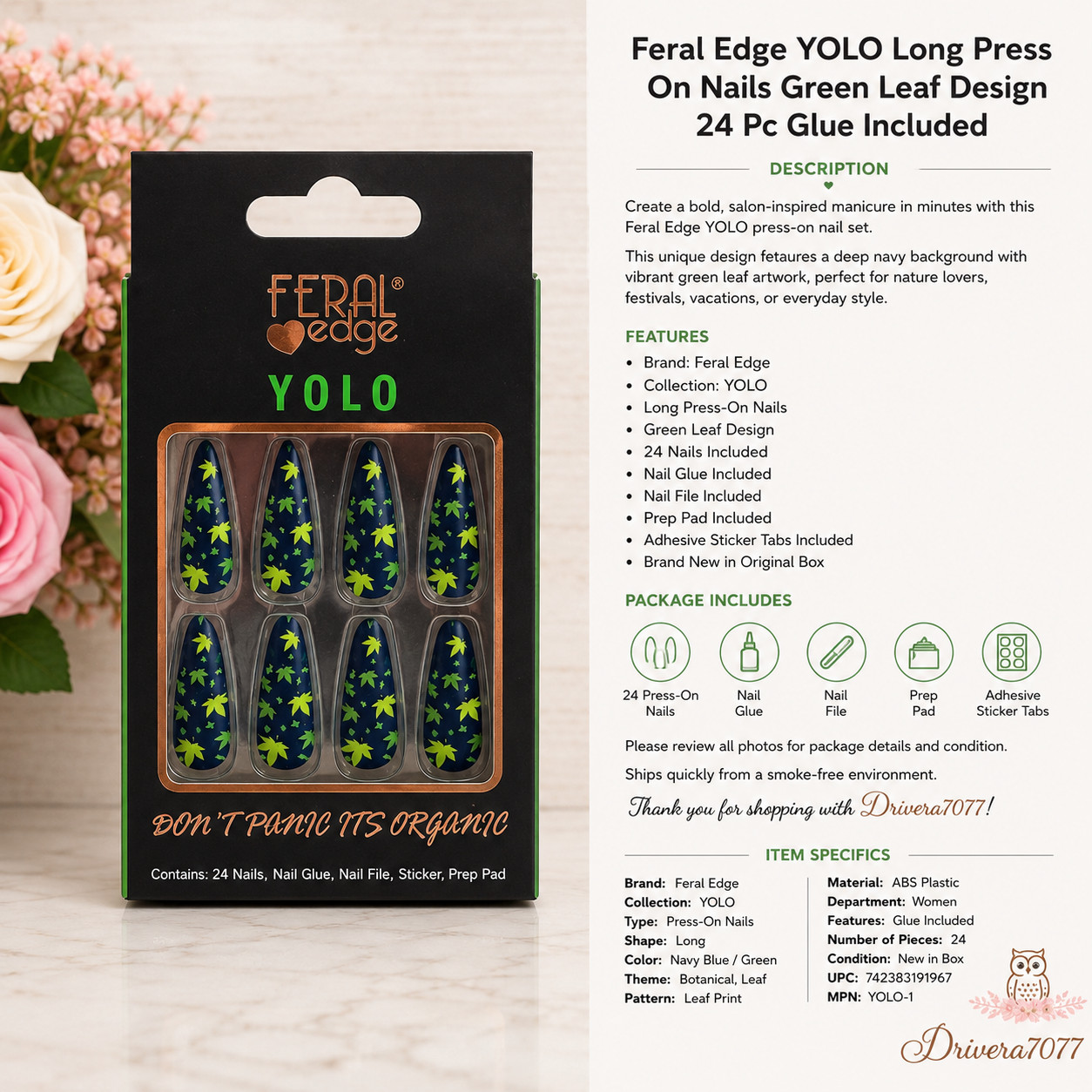Feral Edge YOLO Long Press On Nails Green Leaf Design 24 Pc Glue Included