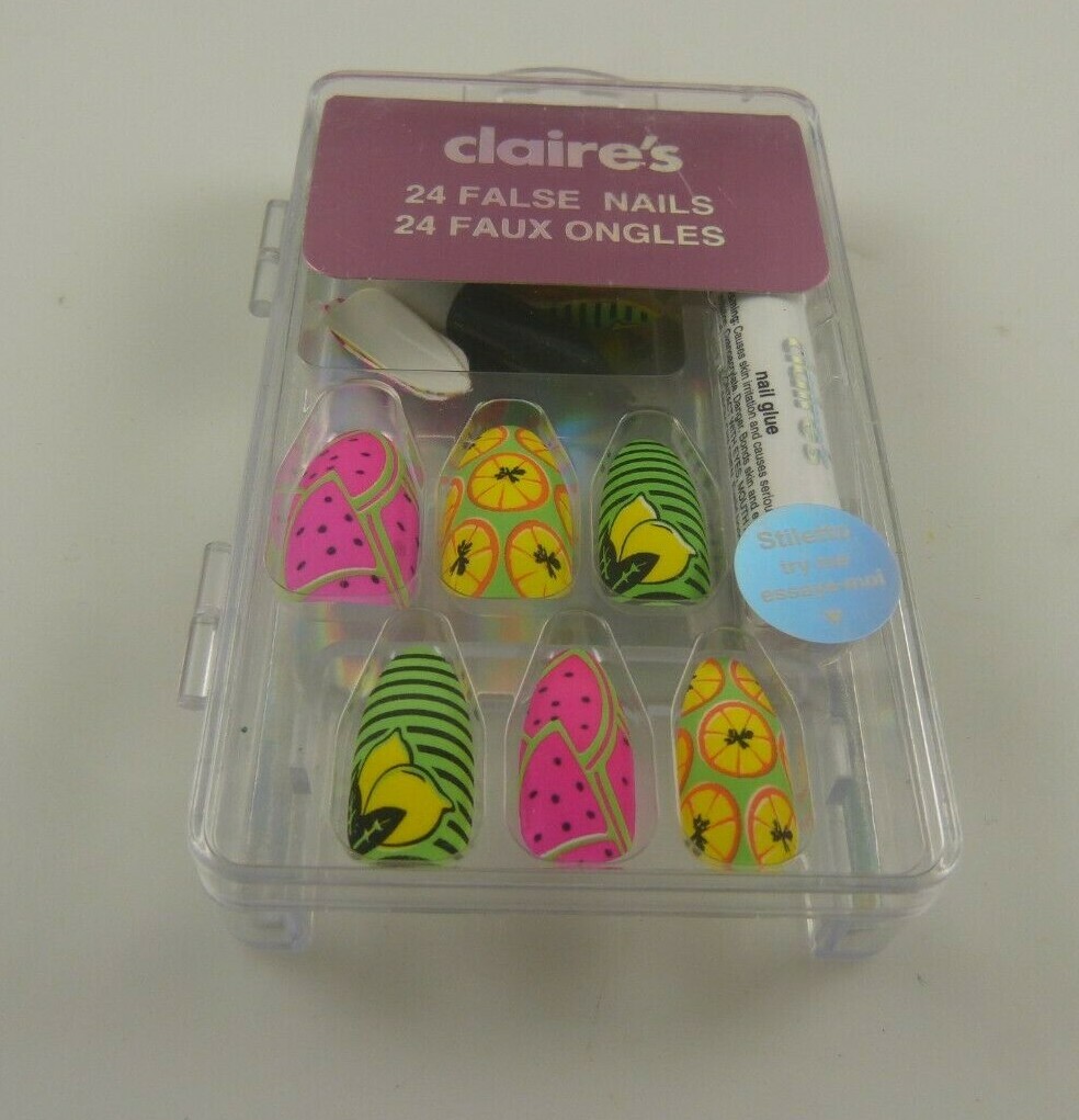 Claire’s faux finger nails neon colors with glue wild prints yellow pink green