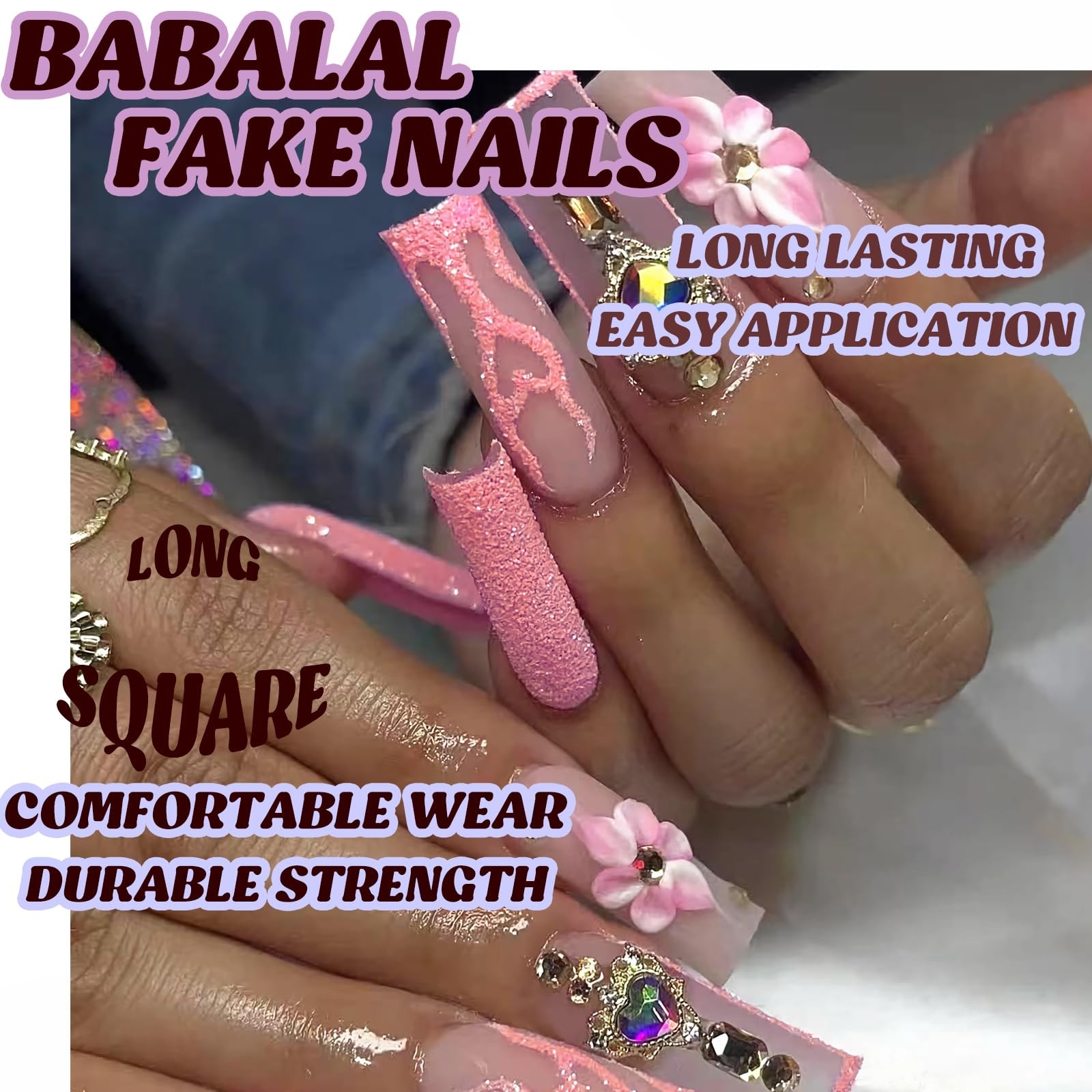 Press on Nails Long Square Fake nails Pink Glitter Glue on with heart Charm L…