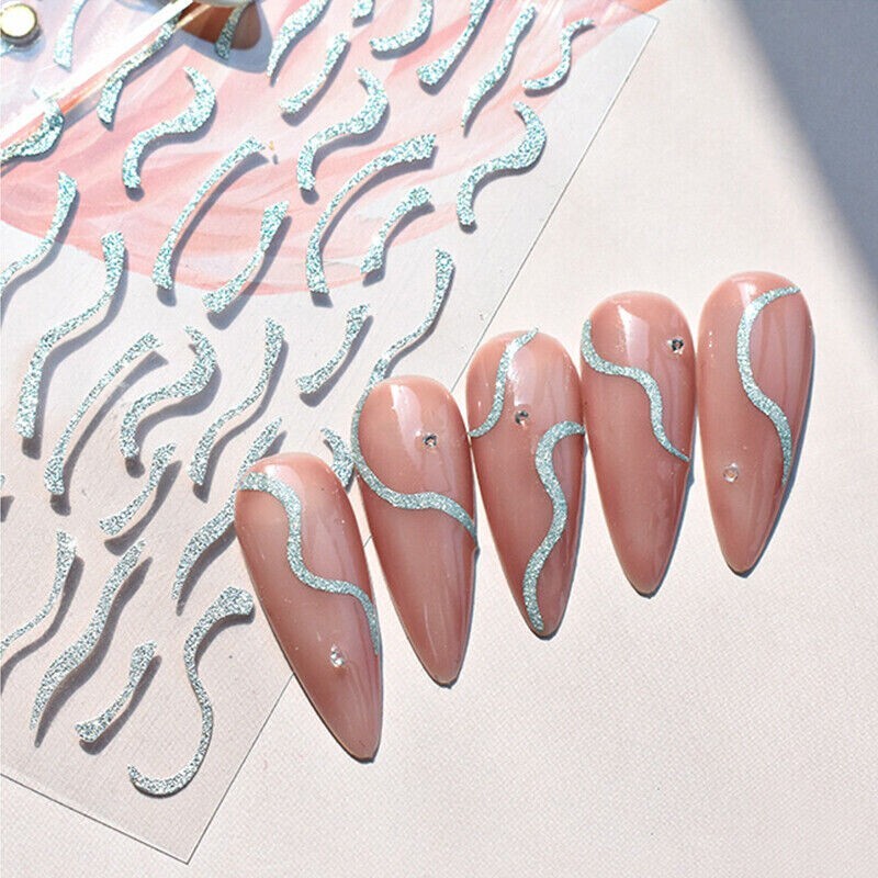 3D French Line Shiny Silver Nail Tip Decals Glitter Diamond Manicure Beauty NS13