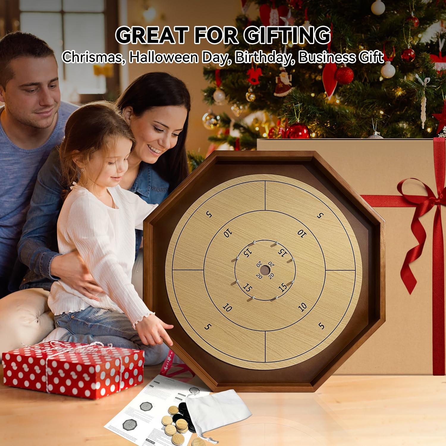 30 Inch Tournament Crokinole Board Game, 2 in 1 30 inches, Yellow