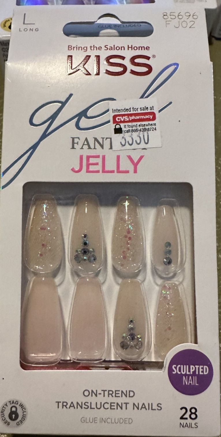 Kiss Nails Gel Fantasy Glue/Press on Long Jewel Pink Glitter Gloss