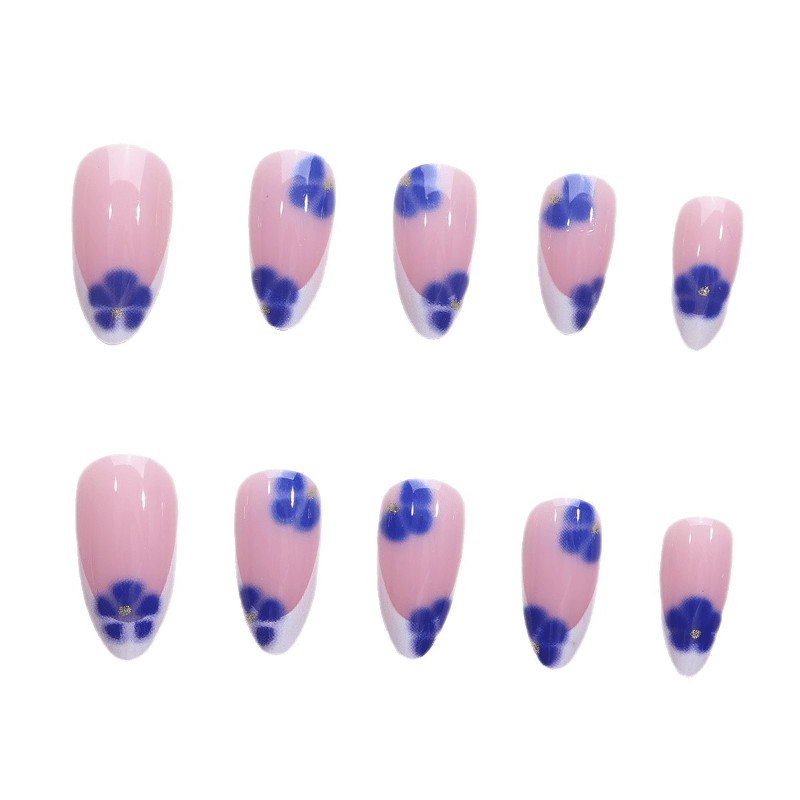 48Pcs-Medium Almond Nude Light Blue French Blue Flower Gold Bead Press on Nails