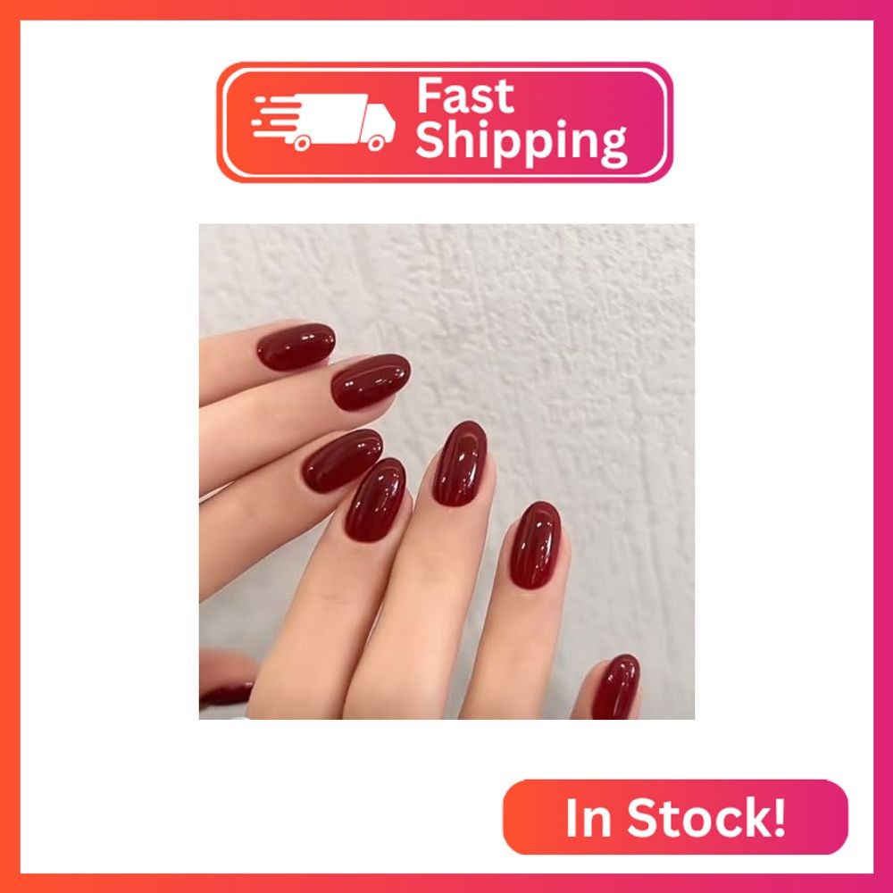 modelones Dark Red Short Press On Nails, Oval Fake Nails with Nail Glue