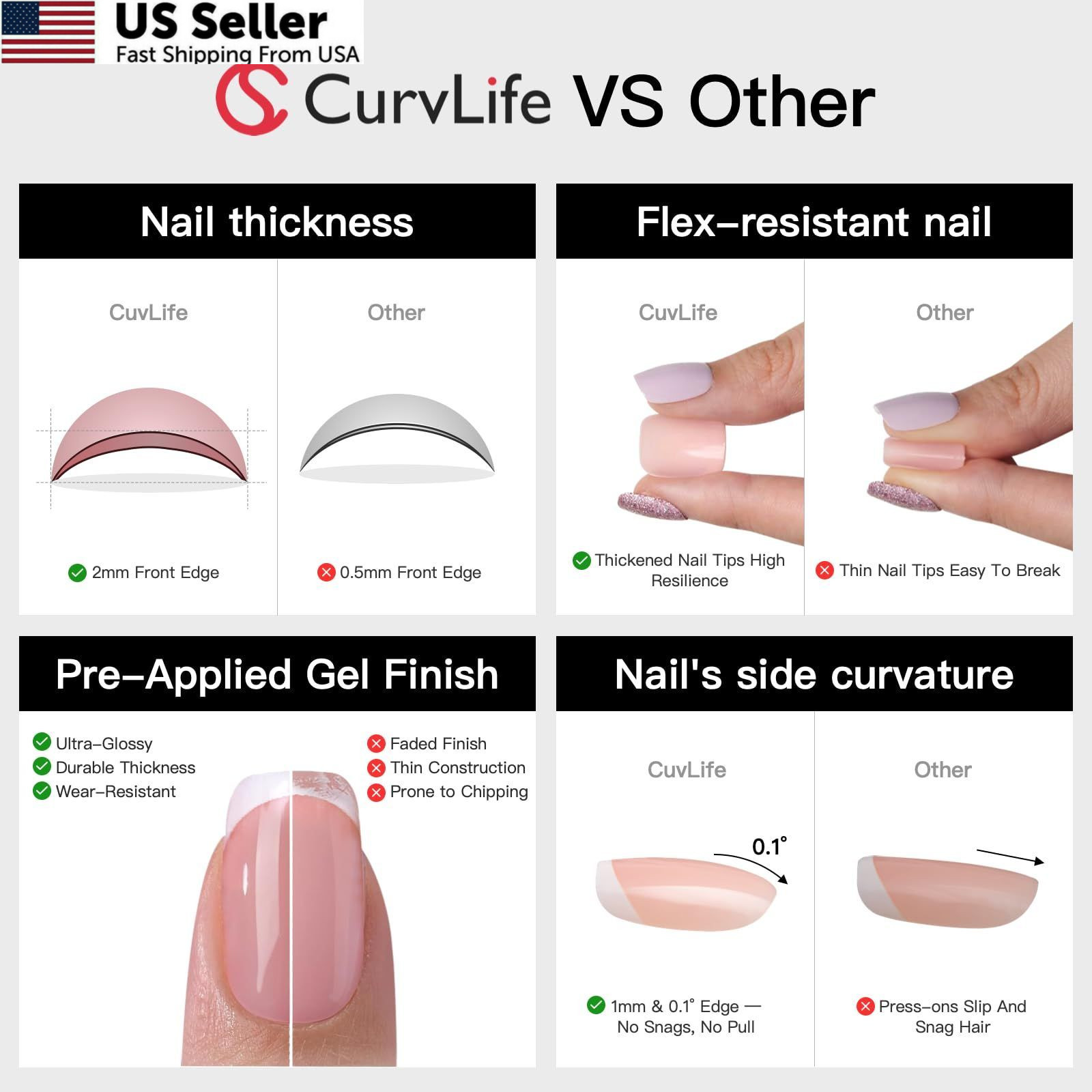 CurvLife Press On Nails Medium Almond Apricot – 30pcs Medium, glitter nails