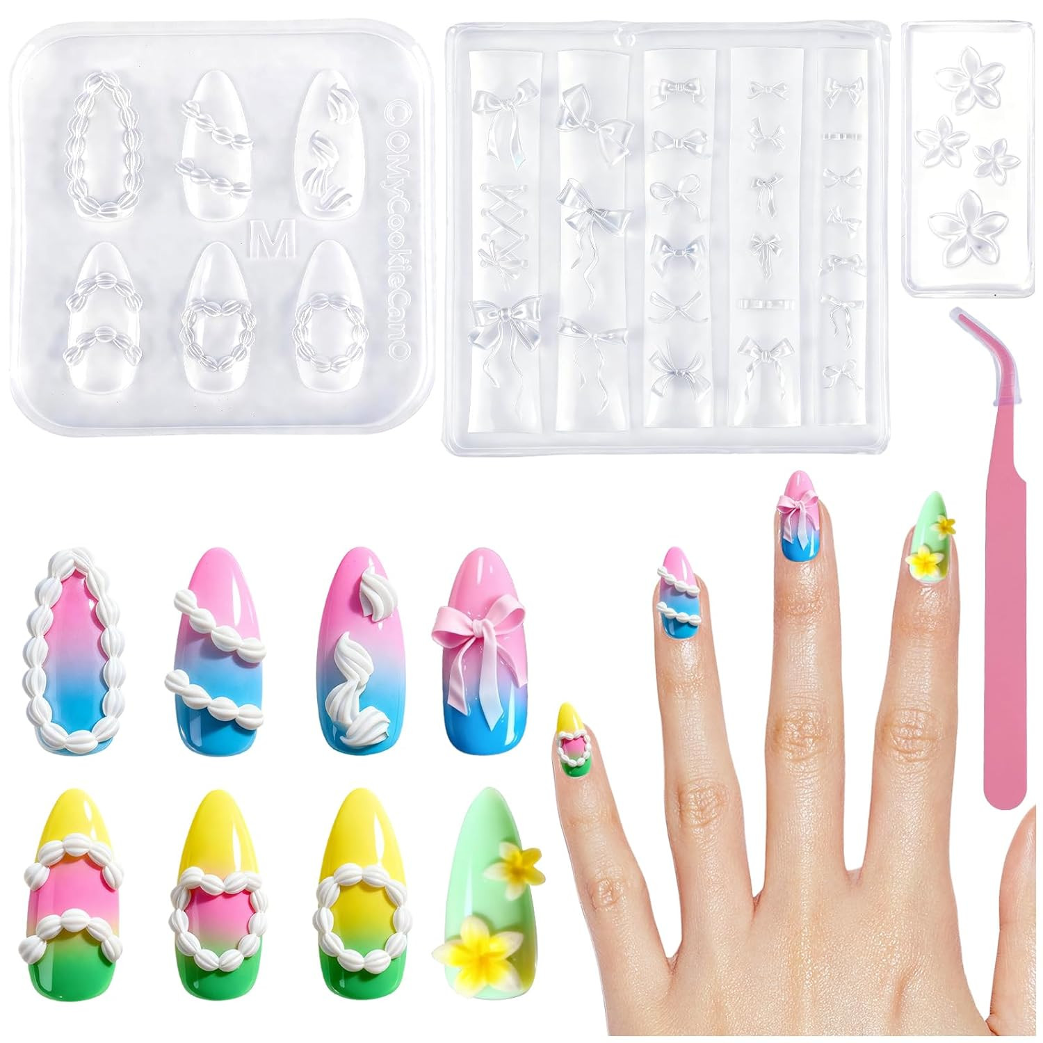 3Pcs Silicone Nail Art Molds Bow Cream Chain 3D Flower Charms Design Nail Silico
