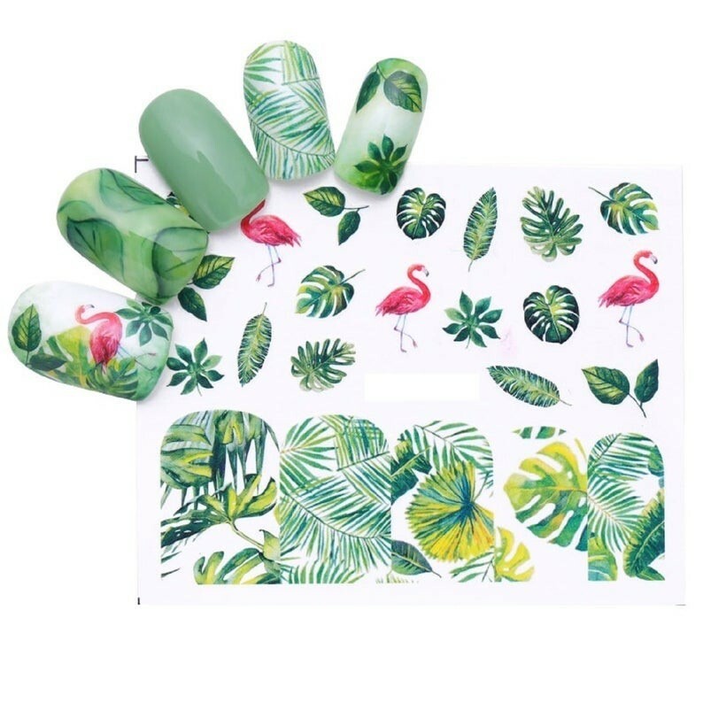 Nail Art Water Transfer Sticker Ink Flower Green Leaves Rose Bird Floral Decals