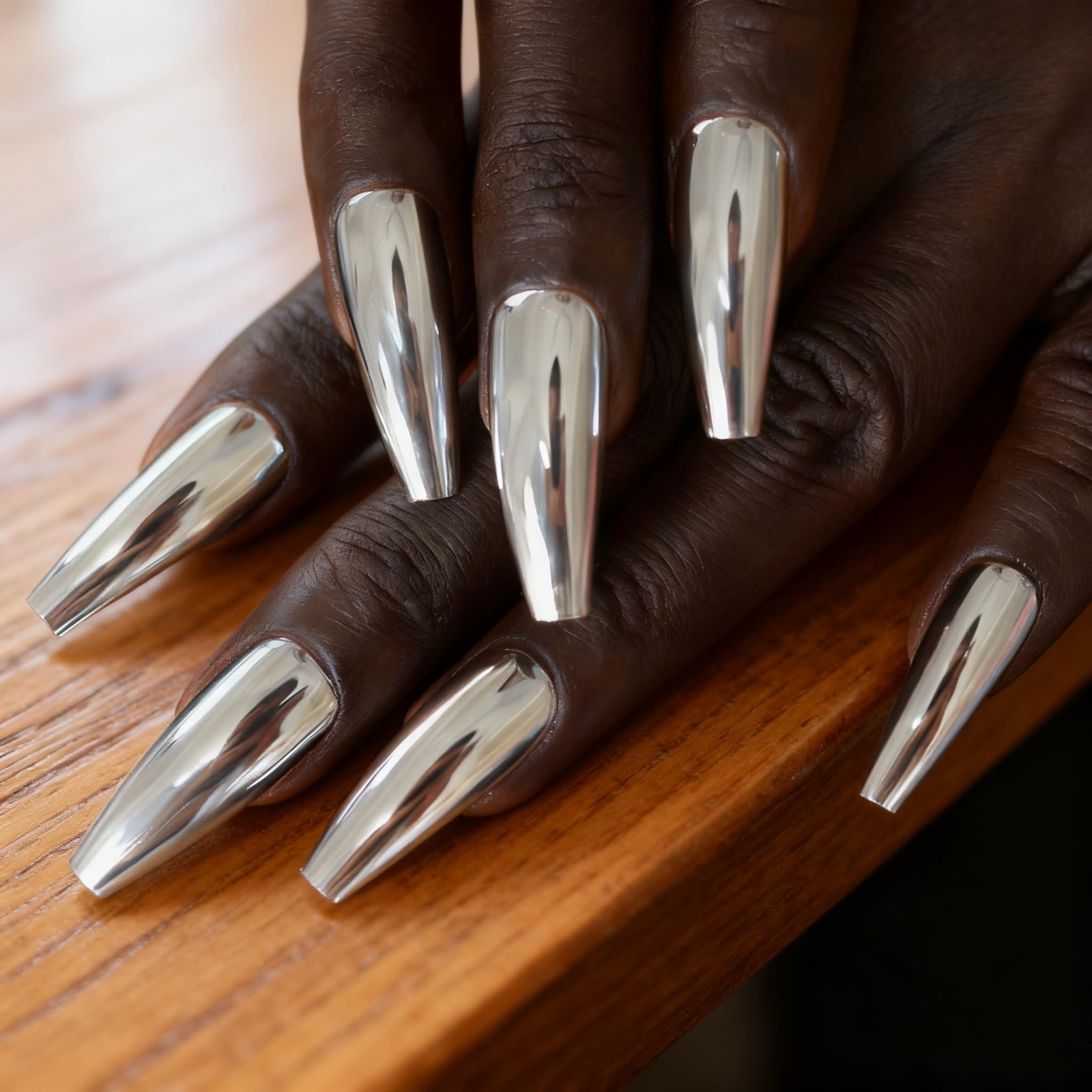 iMABC Silver Punk Metallic Press On False Nails Long 26 Piece Set,