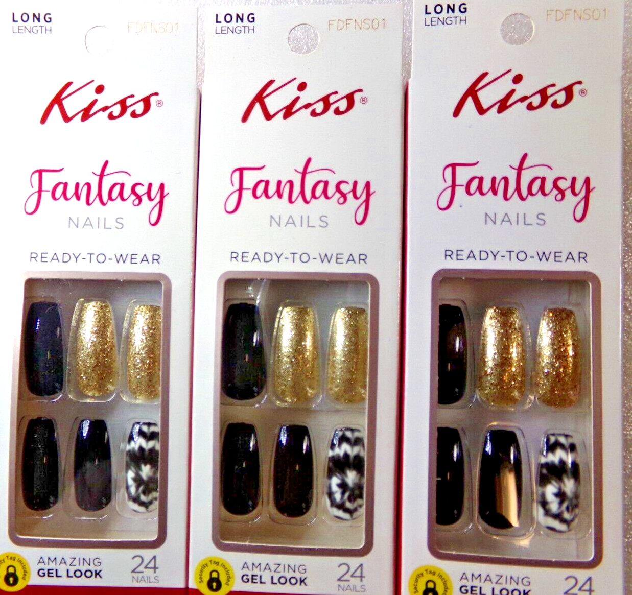 3 PACKS KISS NAILS GLUE ON Black & White & Gold Glitter Tie Dye LONG, COFFIN