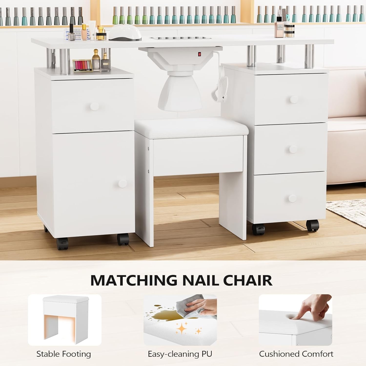 New Nail Tech Desk with Stool, Integrated Dust Collector for Makeup Beauty Salon