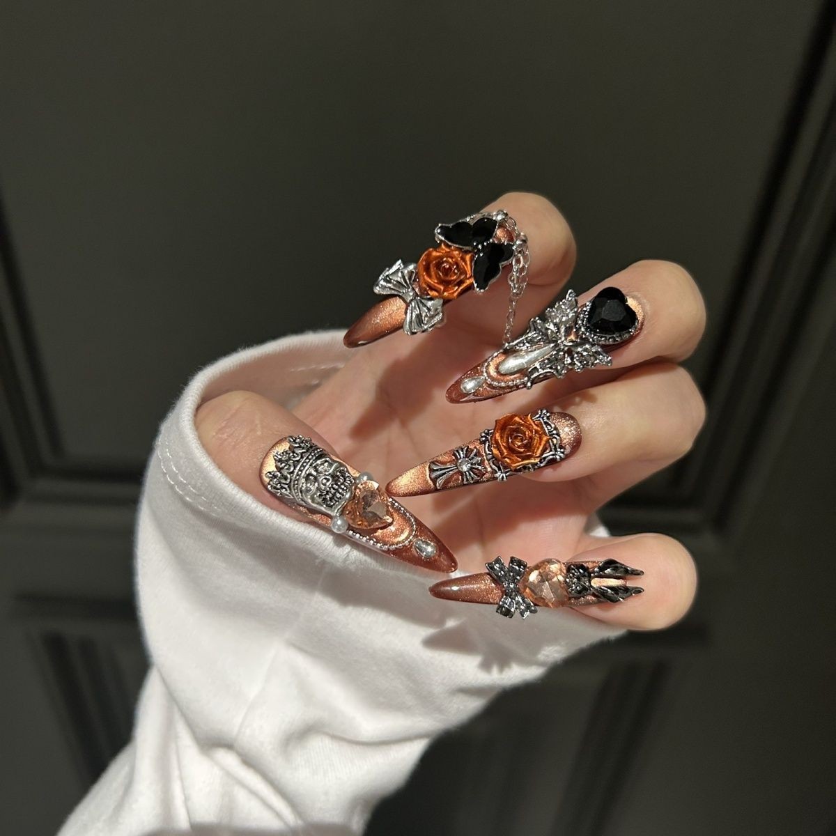 Dark Luxury Handmade Black Press On Nails Long Full Diamond