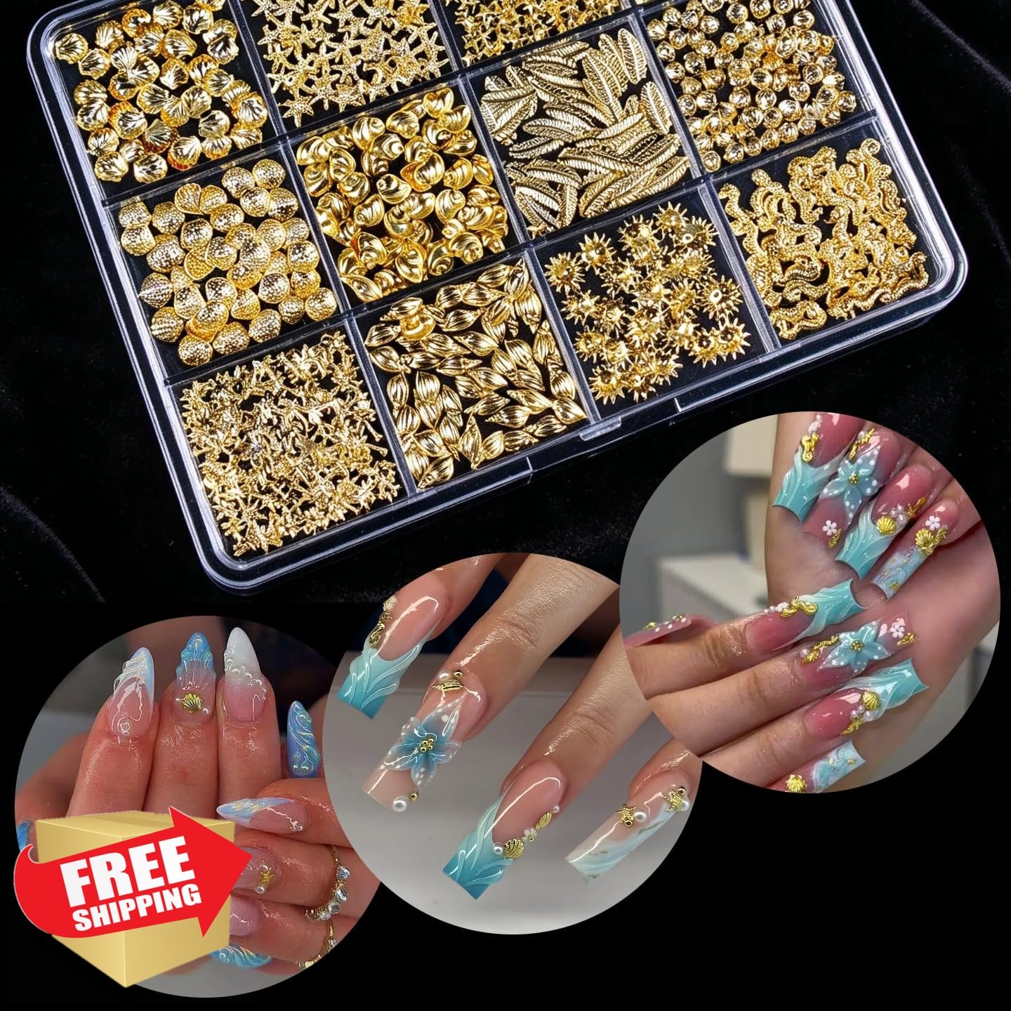 Tephrent Gold Seashell Nail Art Studs
