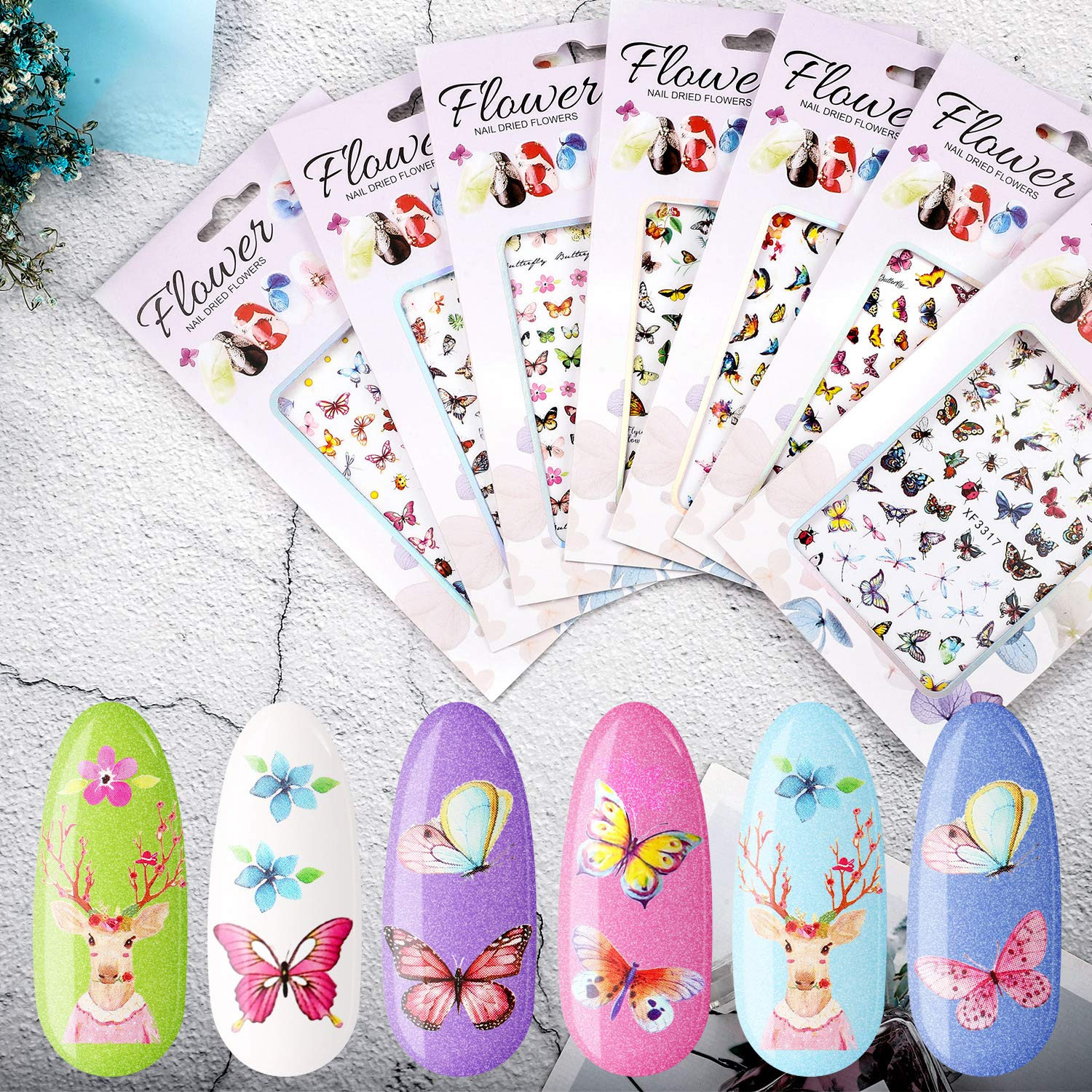 24 Sheets Colorful Butterfly Flower Nail Stickers – Mixed Design Self-Adhesive N