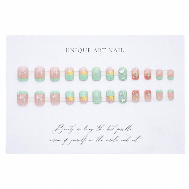 48pcs Mint Green French Star Wearing Armor Medium Short Press On Nails Gift