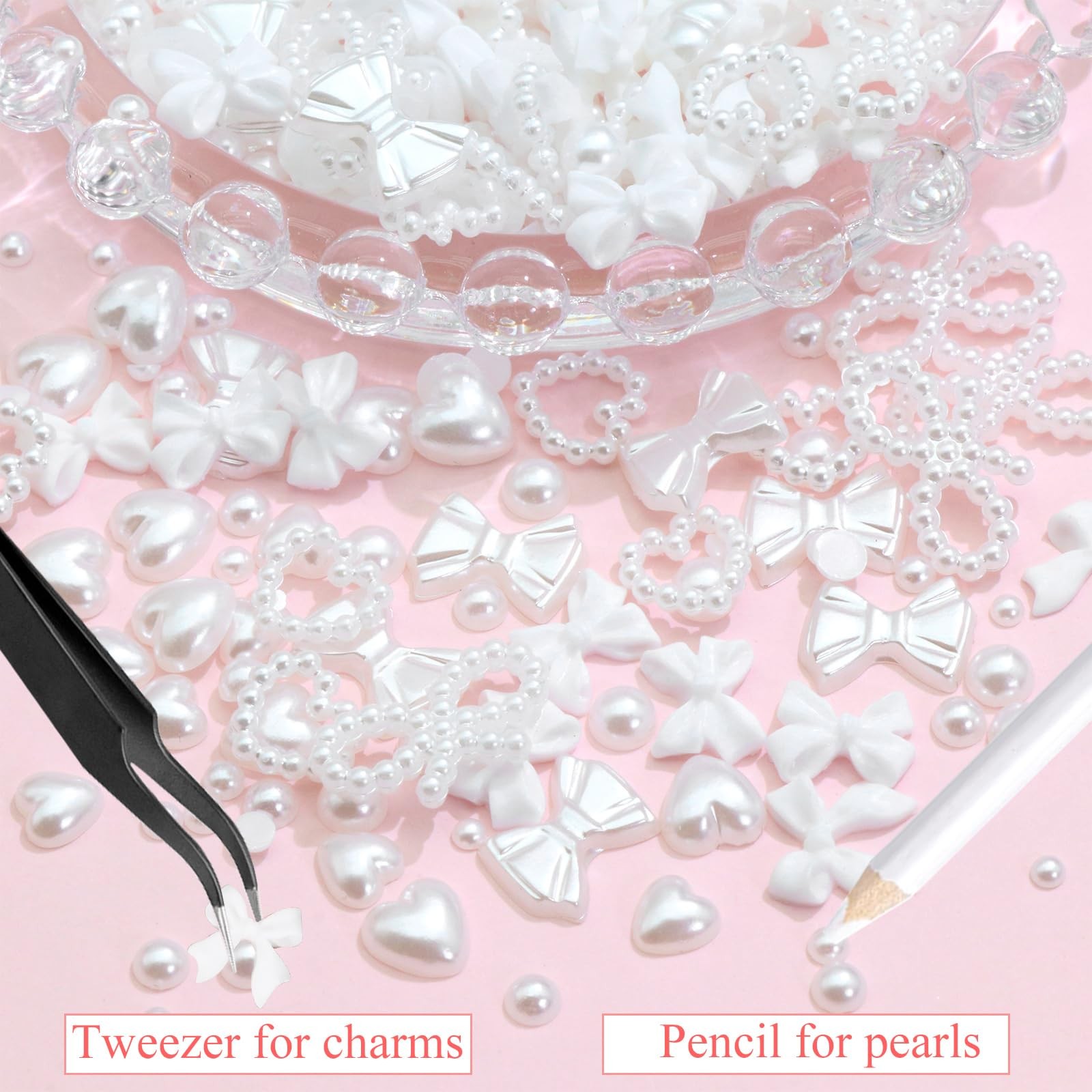 RODAKY Bow Nail Charms White Heart Charms for Nail 3D Bowknot Nail Art Stud Flat
