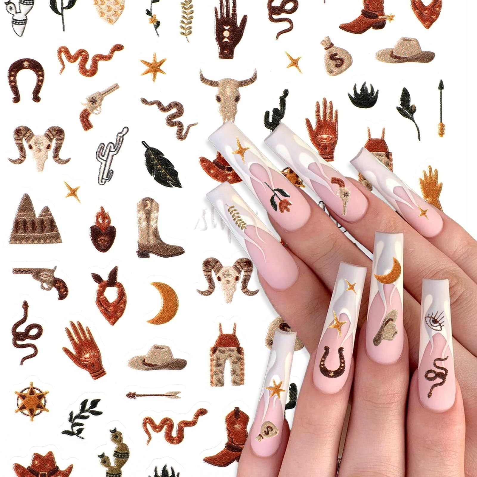 2 Sheets Retro Cowboy Nail Art Stickers, Western Style Self-Adhesive 5D