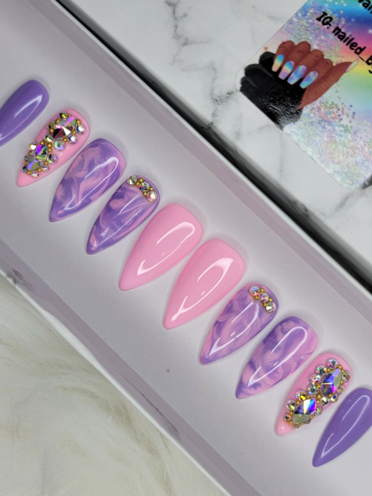 Pink & purple marble bling press on nails stiletto watercolor spring pastel nail