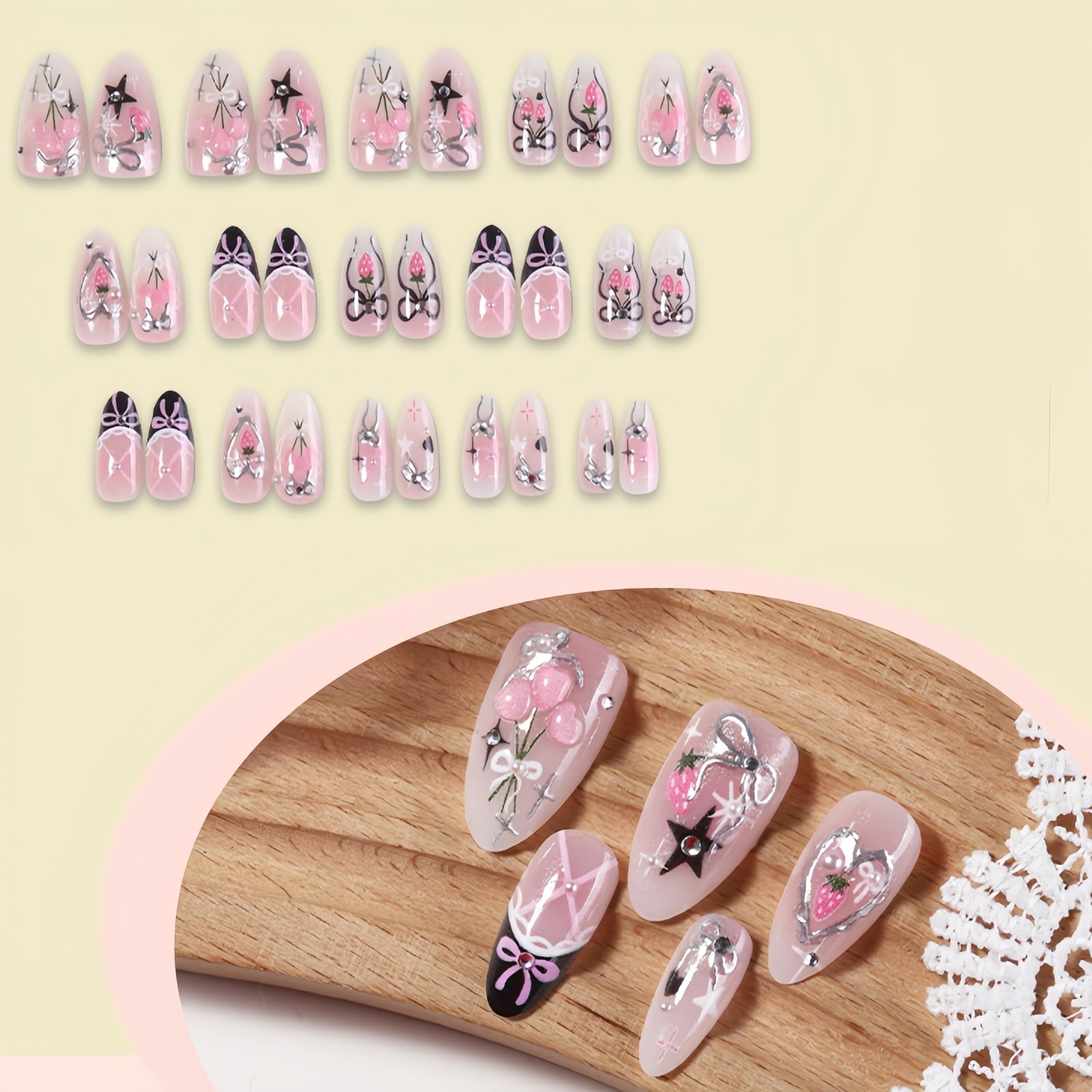 30Pcs Spring Summer Press on Nails Medium Almond Black 4*2*0.3in, Multicolor