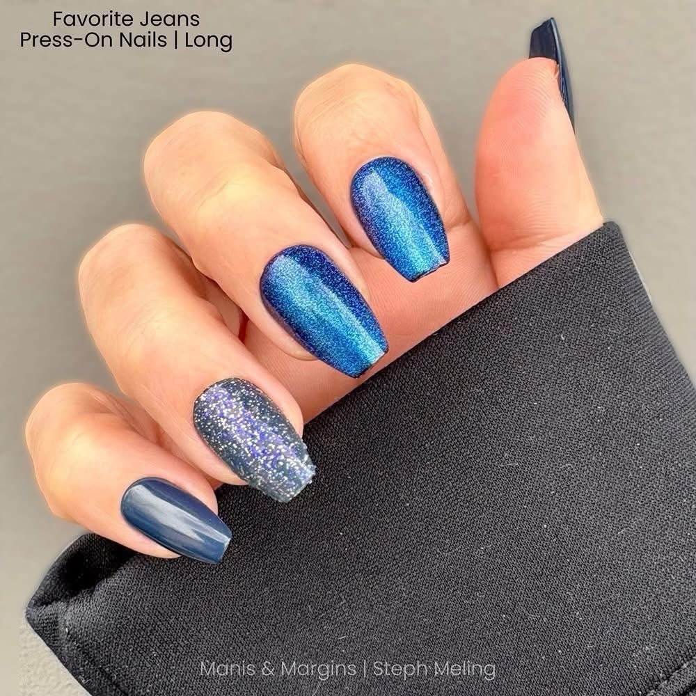 Kleo Kolor 30 Press-On Gel Nails~RETIRED Favorite Jeans~Mixed Blues~Long Coffin