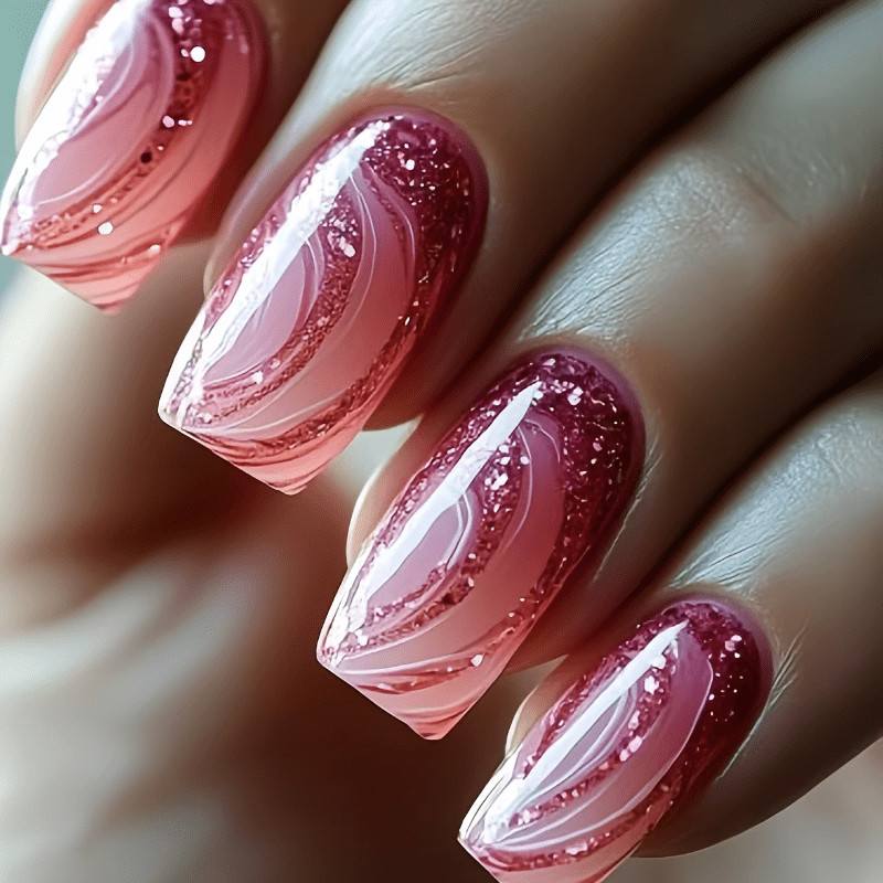 48Pcs Coffin Pink Glitter Press on Nails Swirl Wave Design Party Wear