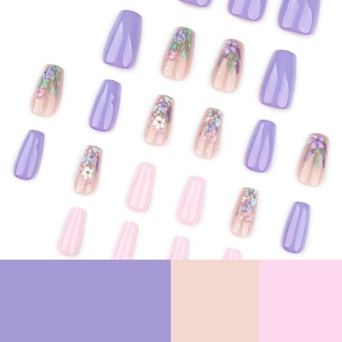 French Flower Press on Nails Coffin Medium Fake Nails Glossy Purple Style 6