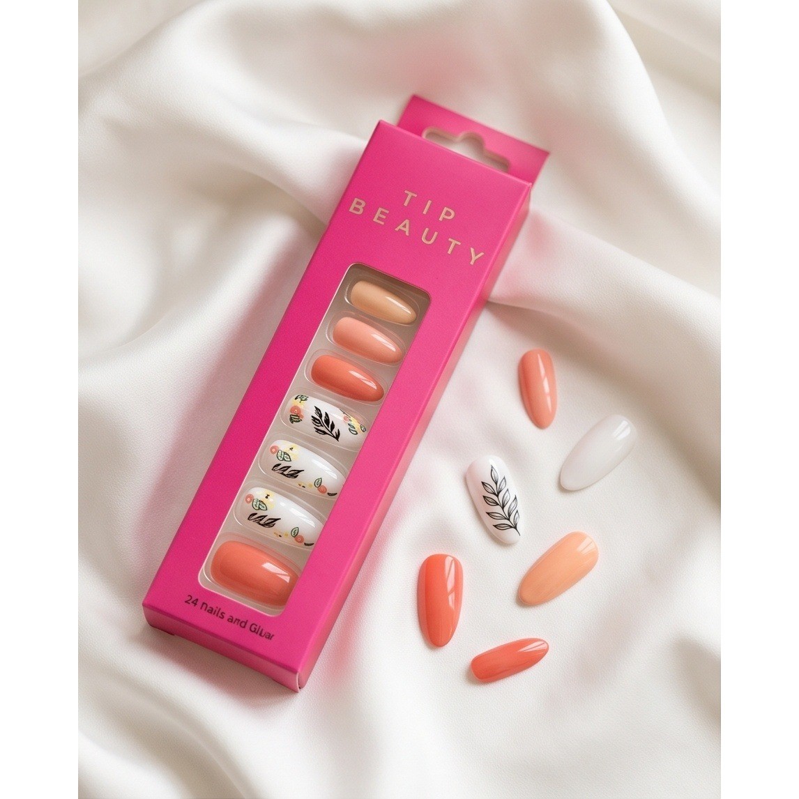 Tip Beauty Press On Nails Floral Botanical Peach Coral Long Almond Shape 24 NIB