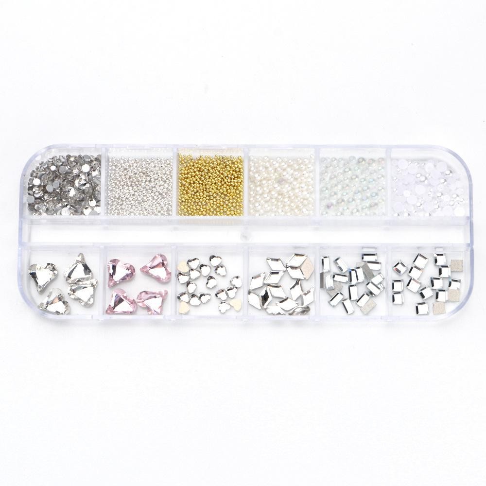 12 Grid Mixed Nail Art Supplies, Beads Flatback Rhinestones Iridescent Charms
