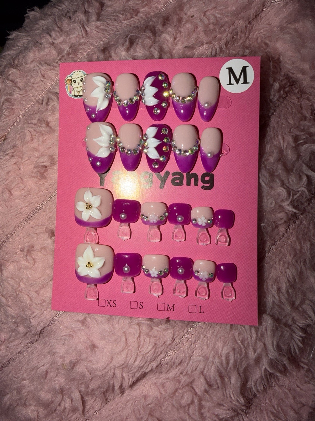 Press-On Nails 3D Flower Acrylic Full Cover Square Medium Purple Pink White