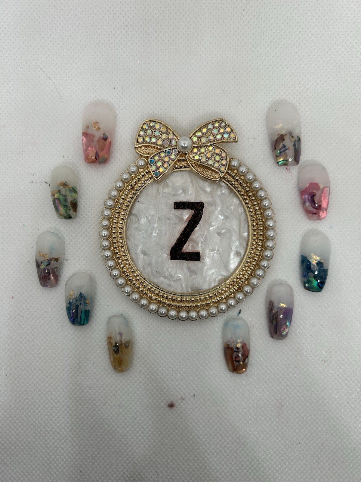 Z NAILZ! Handmade Gorgeous Milky White & Encased Abalone Shell Press On Nails