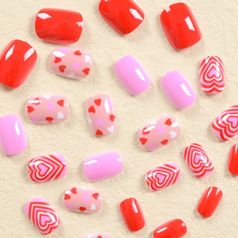 48 Pcs of Pink Purple Glossy Fake Nails with Red and White Heart-shaped Nail Art