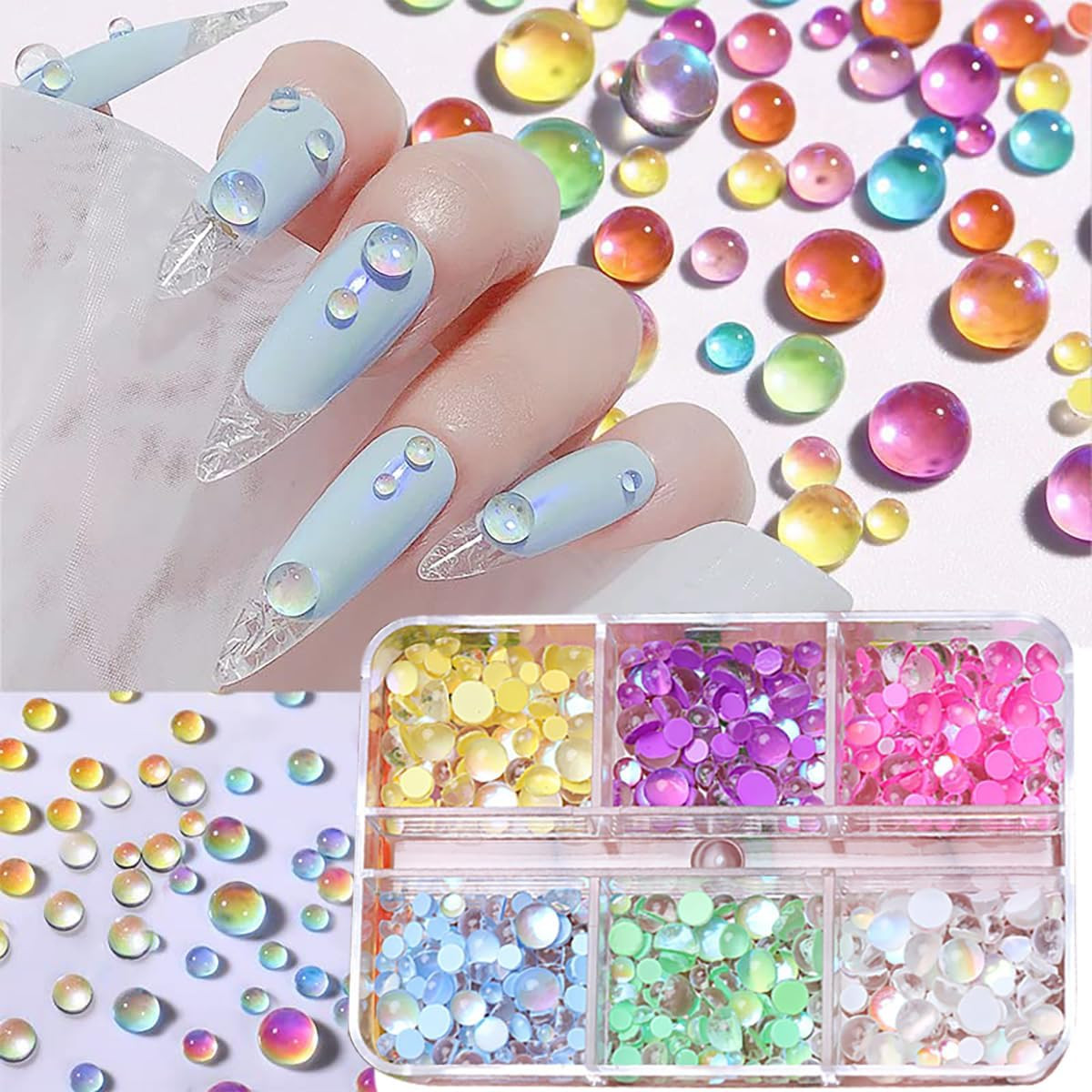 6 Colors Aurora Mermaid Beads Nail Charms, 3D Bubble Beads Nail Gems with Flatba