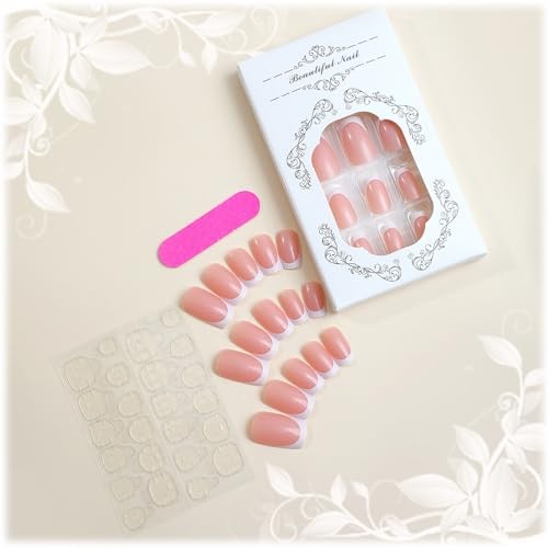 24Pcs White French Tips Press on Nails with Simple Design, Glossy Nude Medium