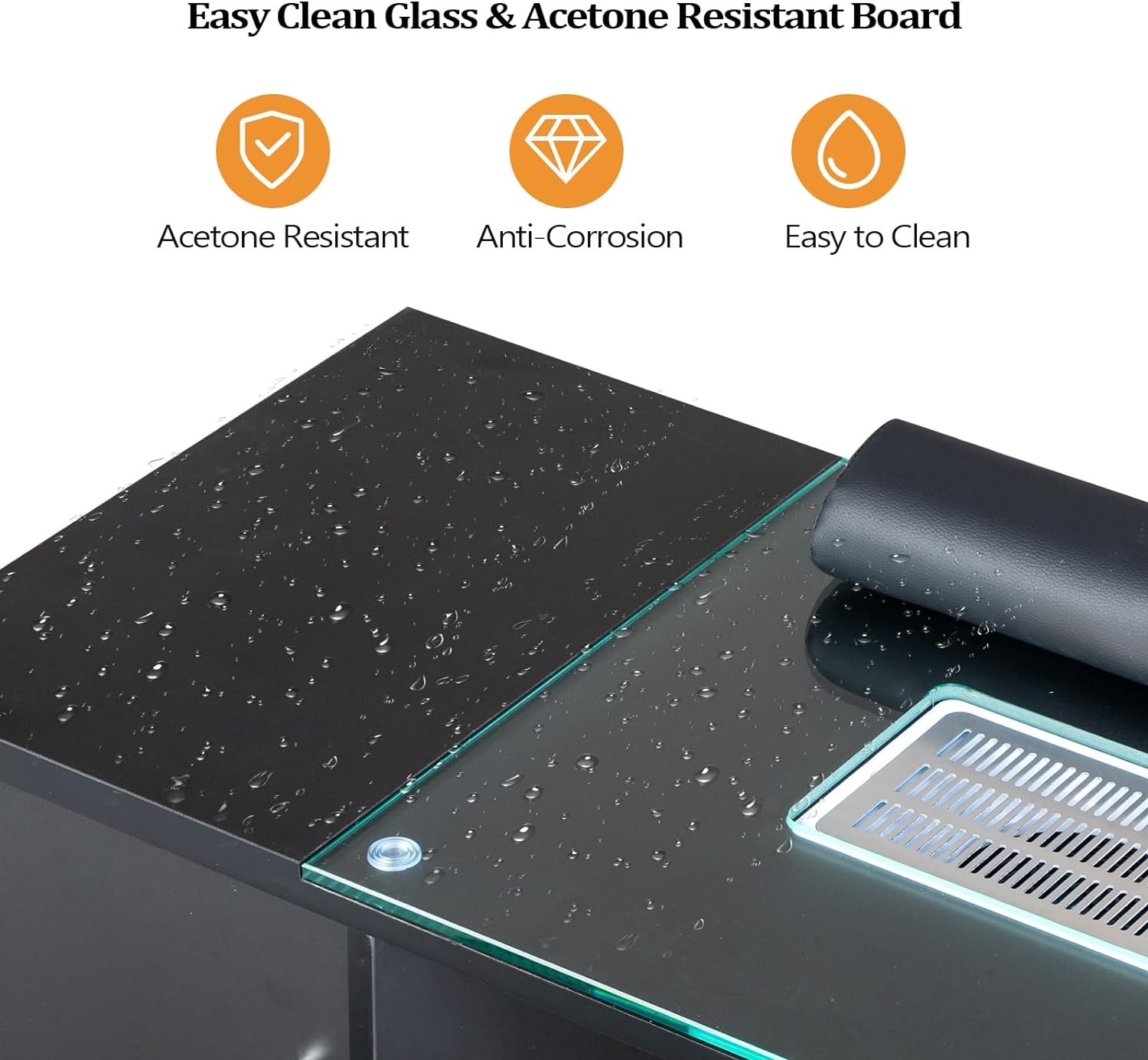 Ergonomic Manicure Table: Glass Top, Wrist Rest, Dust Vacuum, 2 Cabinets Black
