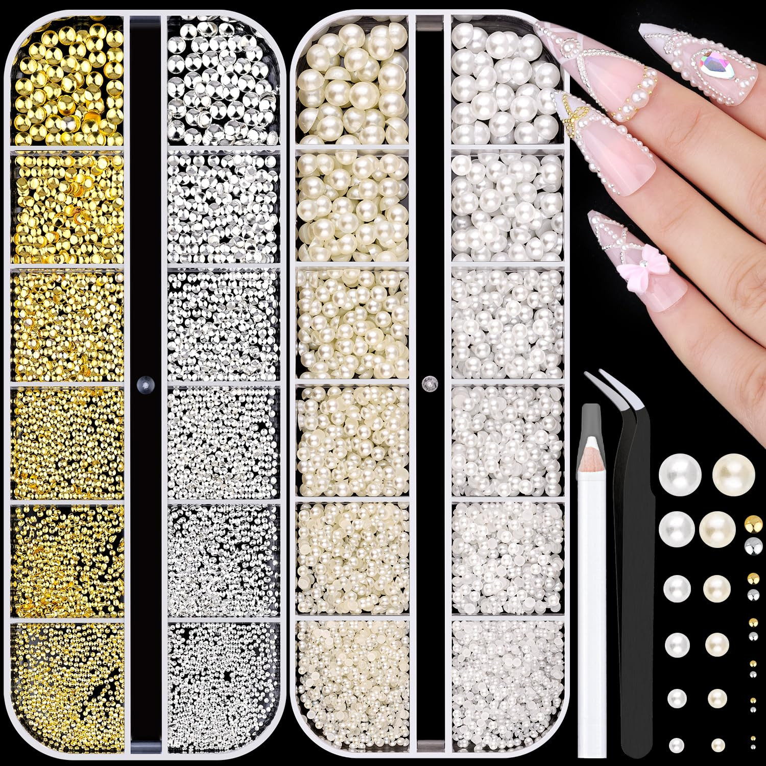 7500Pcs 3D Nail Charms, Gold & Silver Small round Metallic Nail Art Gems and Fla