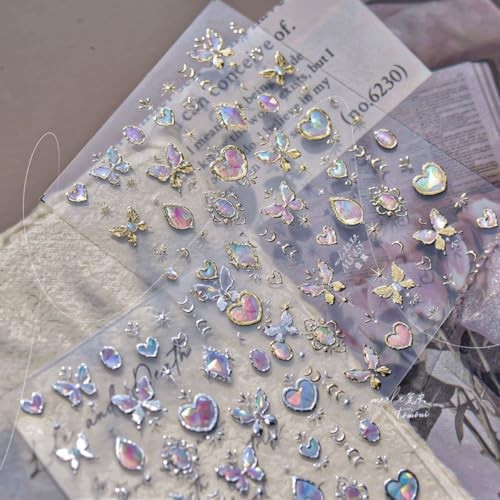 Butterfly Nail Stickers 5D Embossed Gold Laser Heart Moon Star Nail Art Style-8