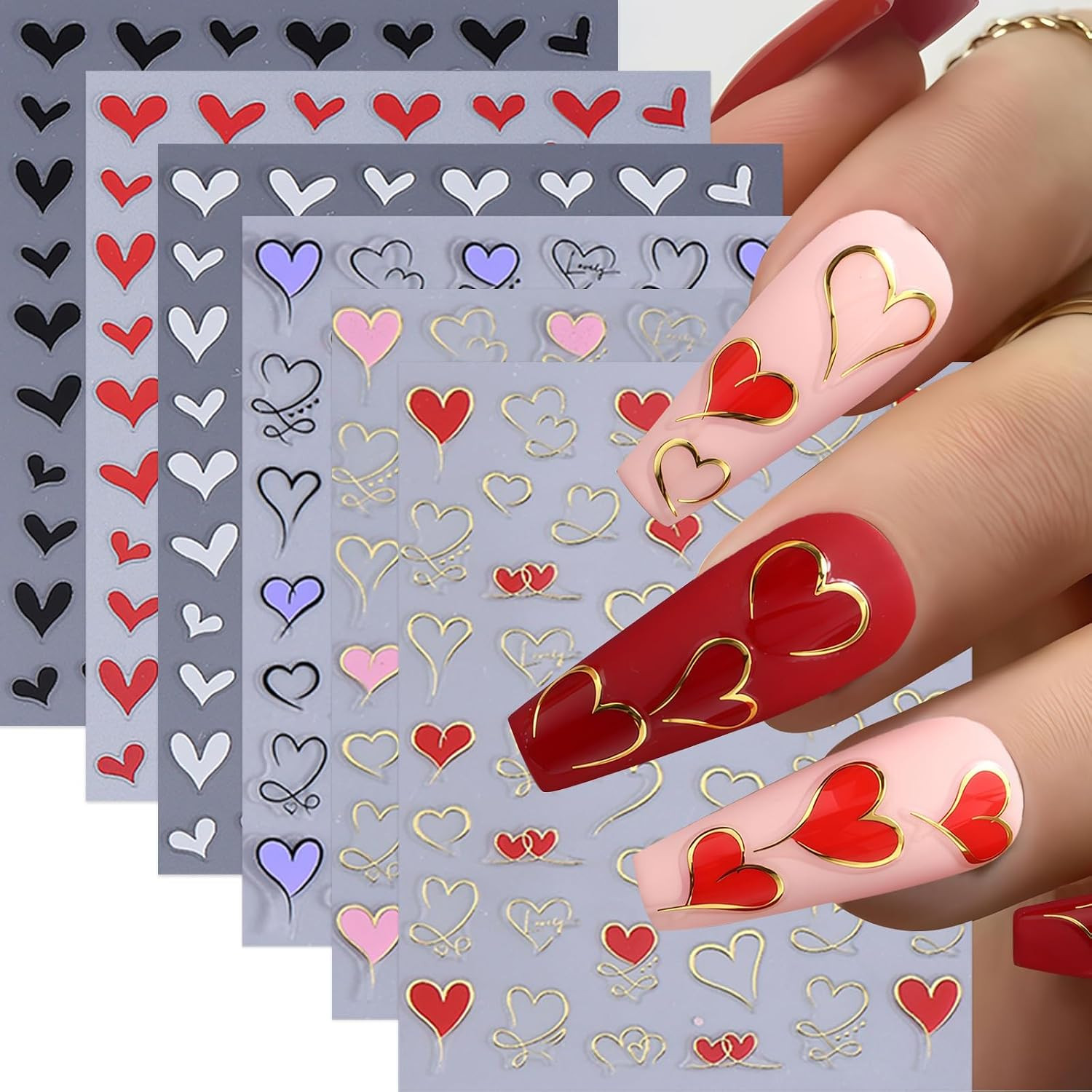 6 Sheets Bow Nail Art Stickers Bows Stickers for Nails 3D Self Adhesive Gold Red