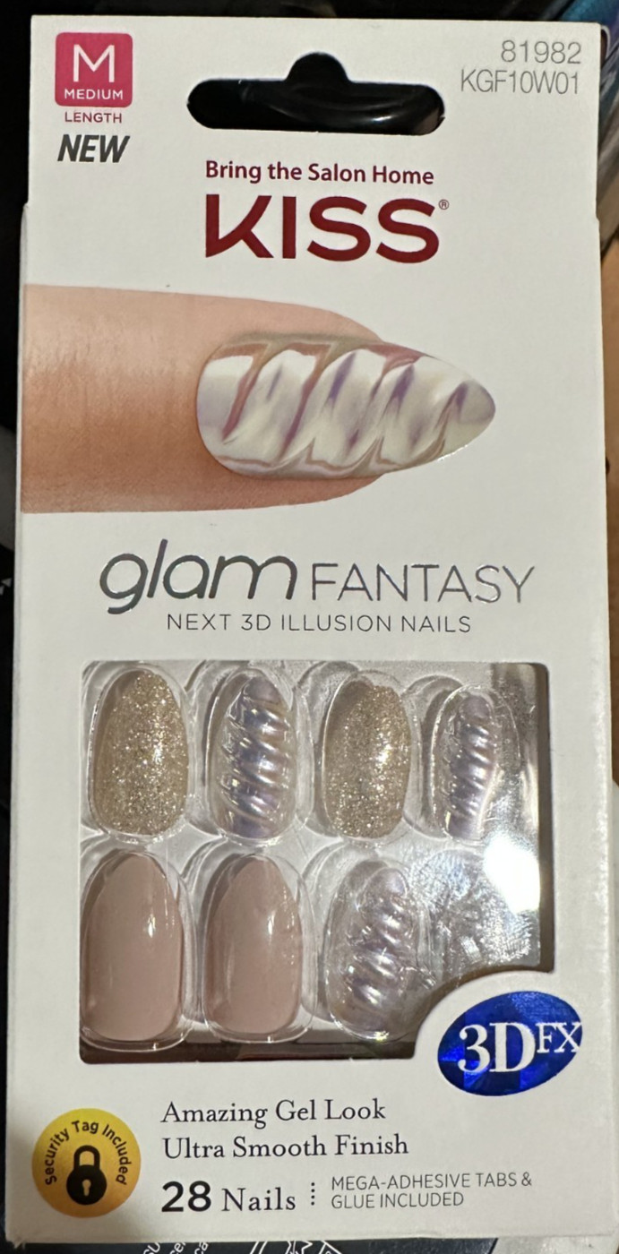 Kiss Nails Medium Silver 3D spiral Gloss Gold Glitter almond