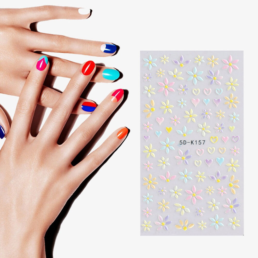 5D Nail Stickers Embossed Daisy Flower Bride Decals Nail Art Decoration DIY Chic