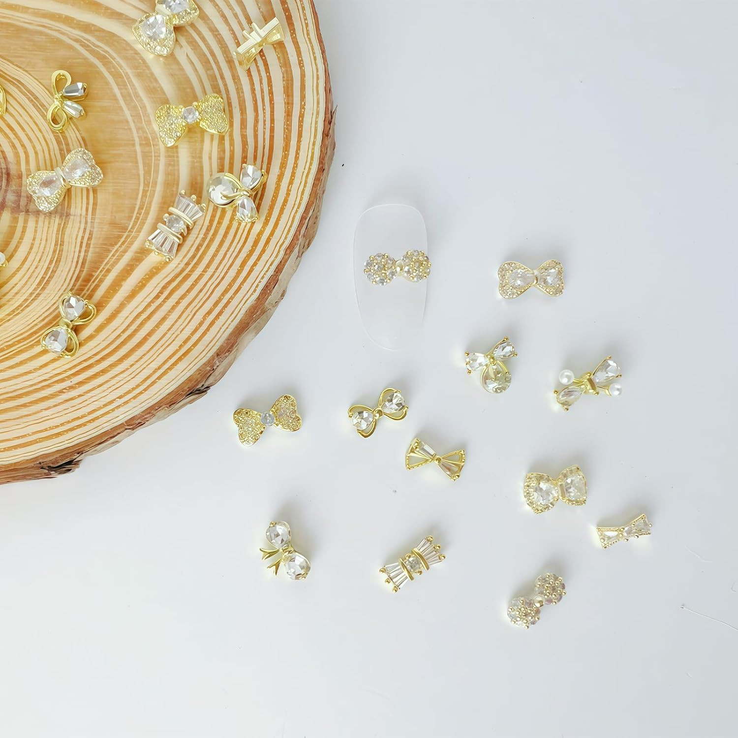 24 Pcs 3D Luxury Gold Nail Charms and Gems with Bows for Nail Art Decoration