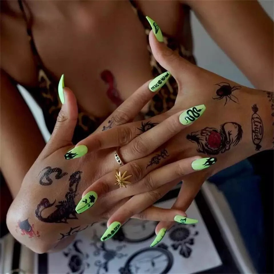 24 Medium Press on nails kit w glue Neon Green tattoo snake design goth