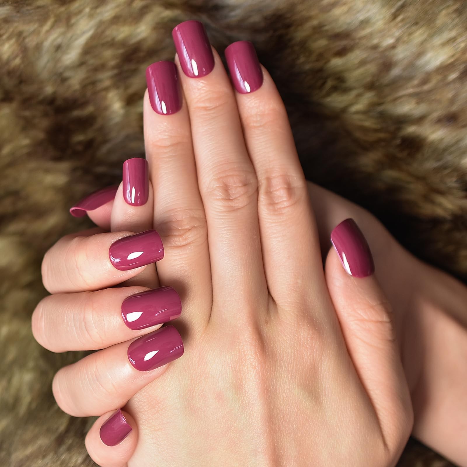 Press on Nails Glossy Dark Rose Pink False Nails Medium Short Squoval Nail Ar…