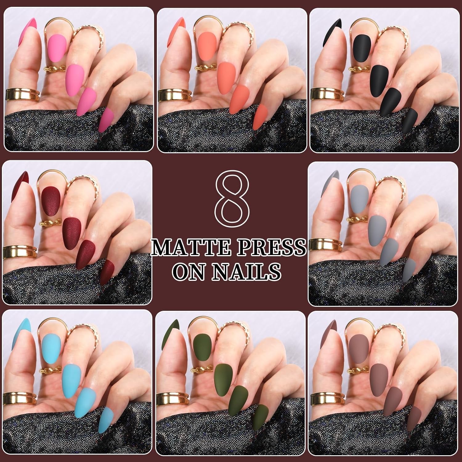 12 Sets of Short Almond Press On Nails with Glue & Nail File: 288PCS Variety
