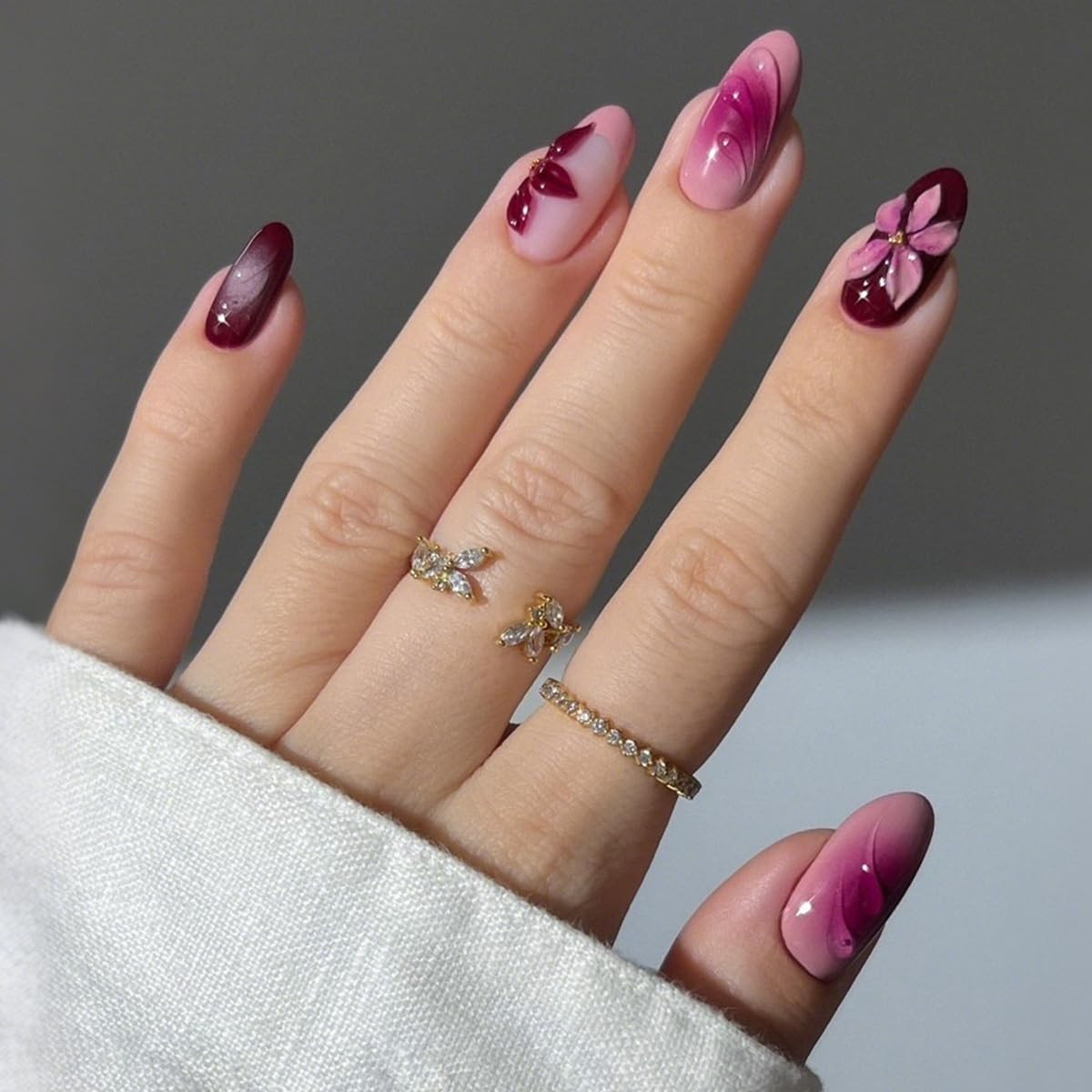 Medium Almond Press on Nails Pink Fake Flowers False Embossed Artificial Stick o