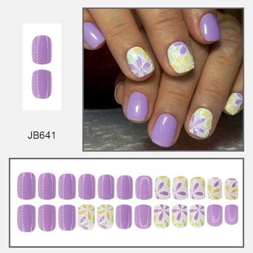Purple Press on Nails Short Square Fake 1 Fl Oz (Pack of 1) Square Flower-10
