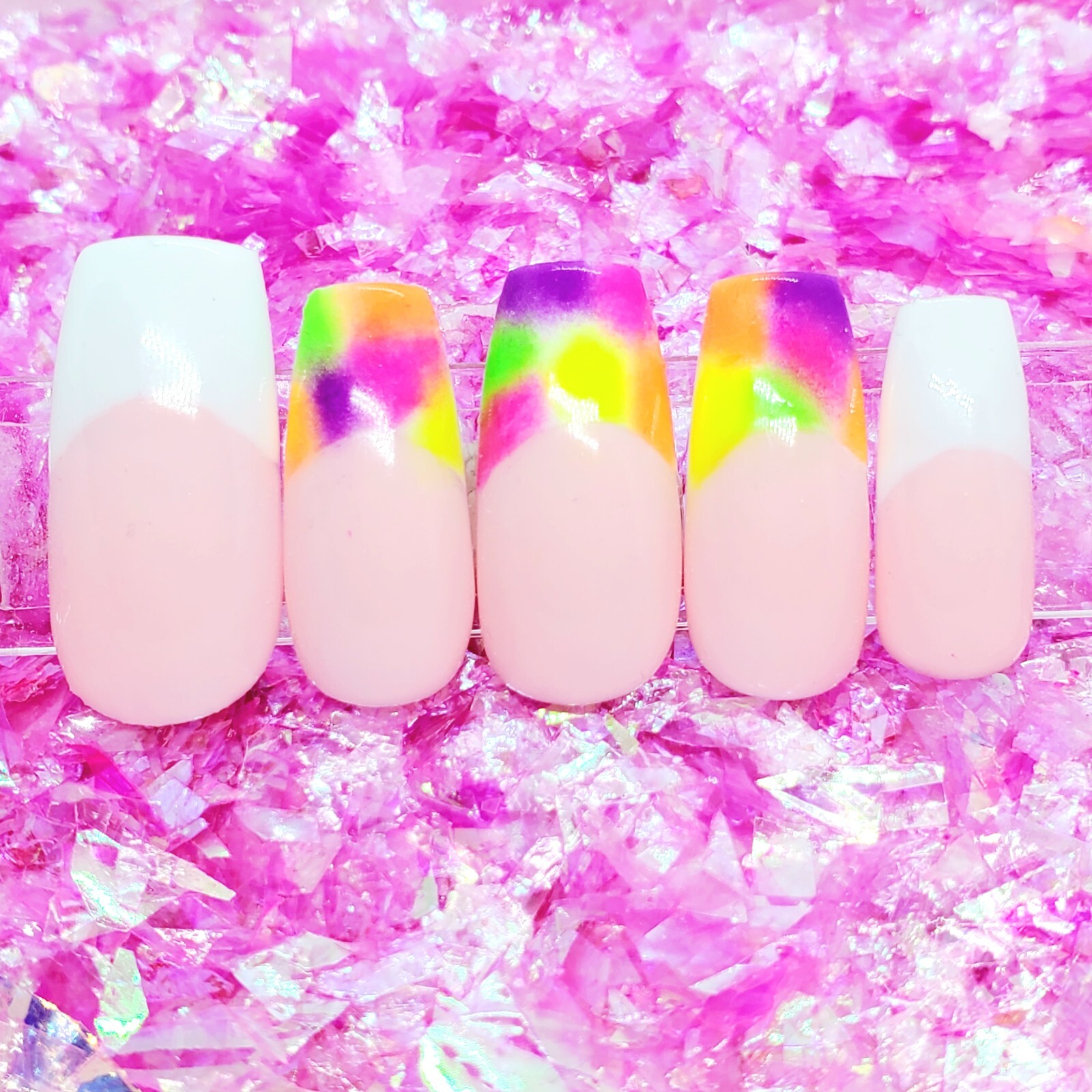 Neon Tie Dye French Tip Short Square Nail Set Press On Nails Handmade Hard Gel