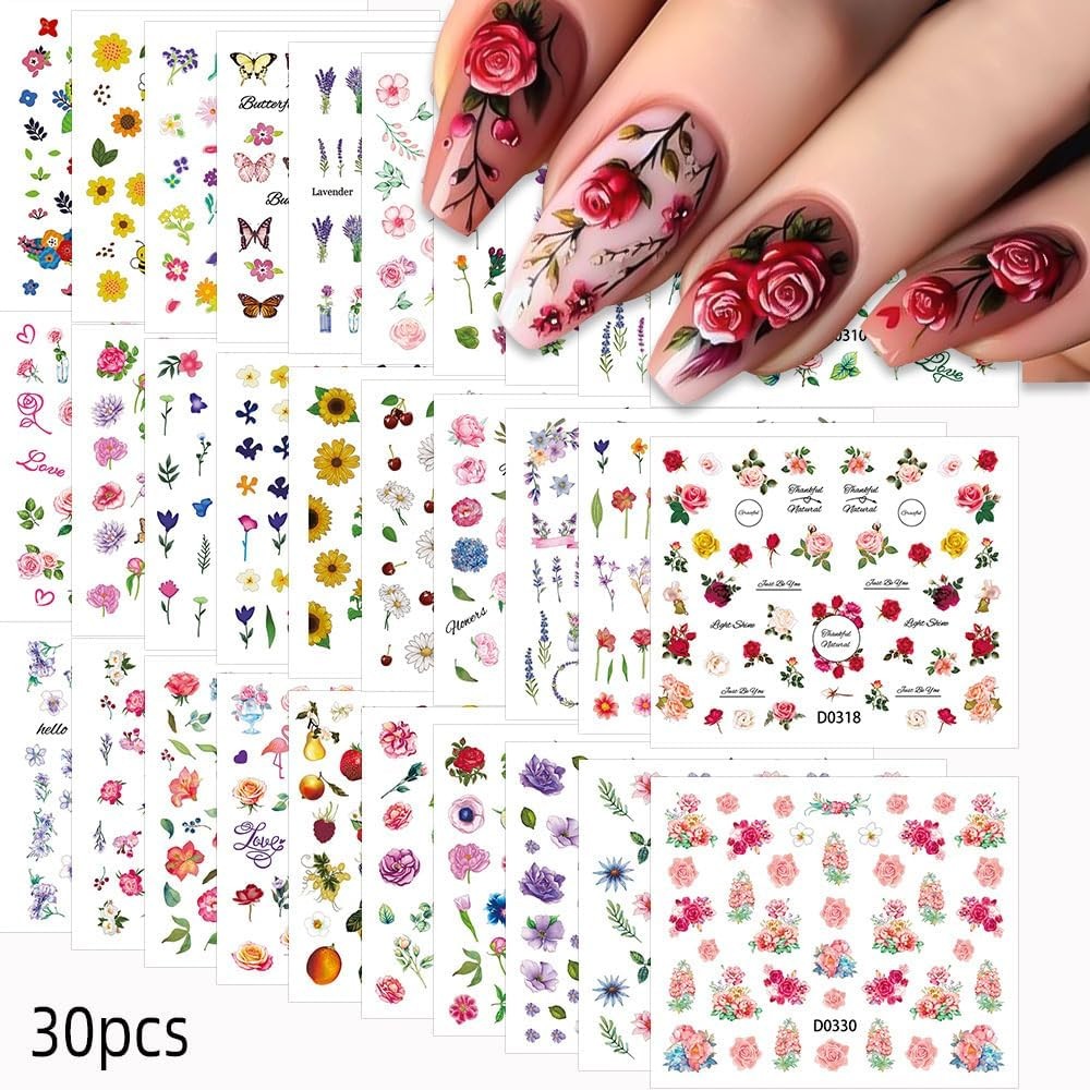 30 Sheets Flowers Nail Art Stickers Colorful Floral Butterfly Style8