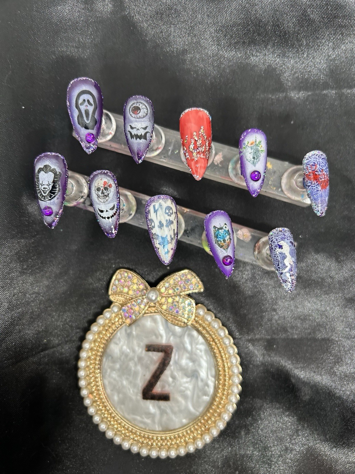 Z NAILZ! Handmade M Almond Purple Halloween With Stickers Press On Nails